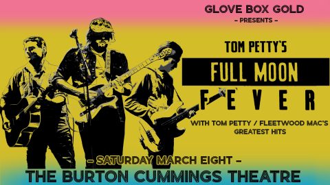Three guitarists on colourful background with text underneath with show date and location "Burton Cummings Theatre, March 8