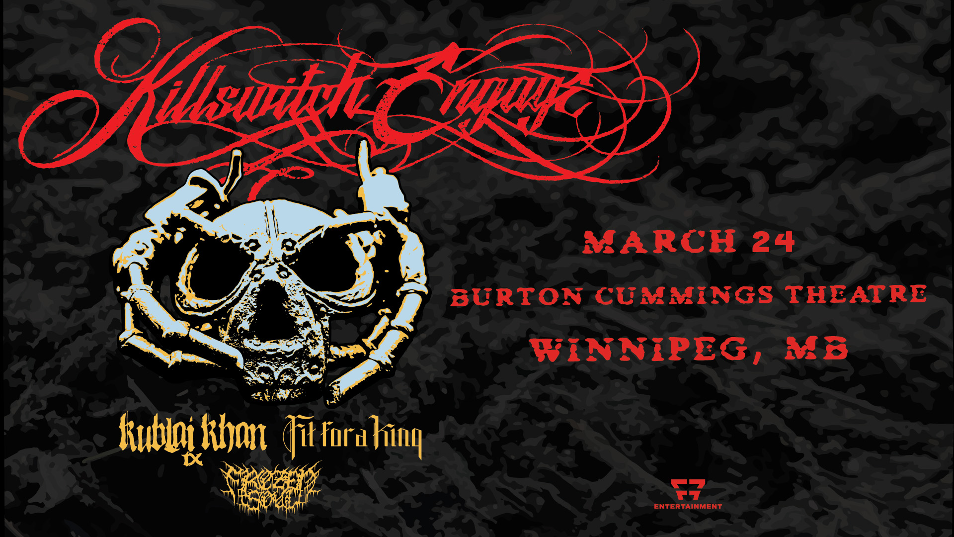 Promotional Image with skull and text "Killswitch Engage, Buton Cummings Theatre, March 24, 2025"