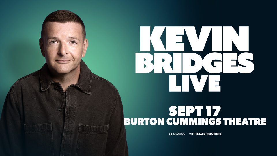 Image of Kevin Bridges with text saying Burton Cumings Theatre, Sept. 17.