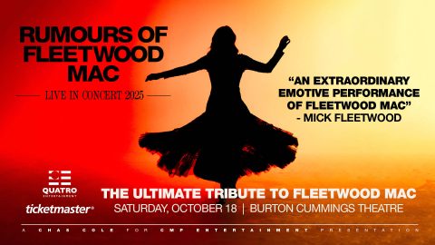 Rumours of Fleetwood Mac live in concert 2025 text on image with silhouette of lady dancing.