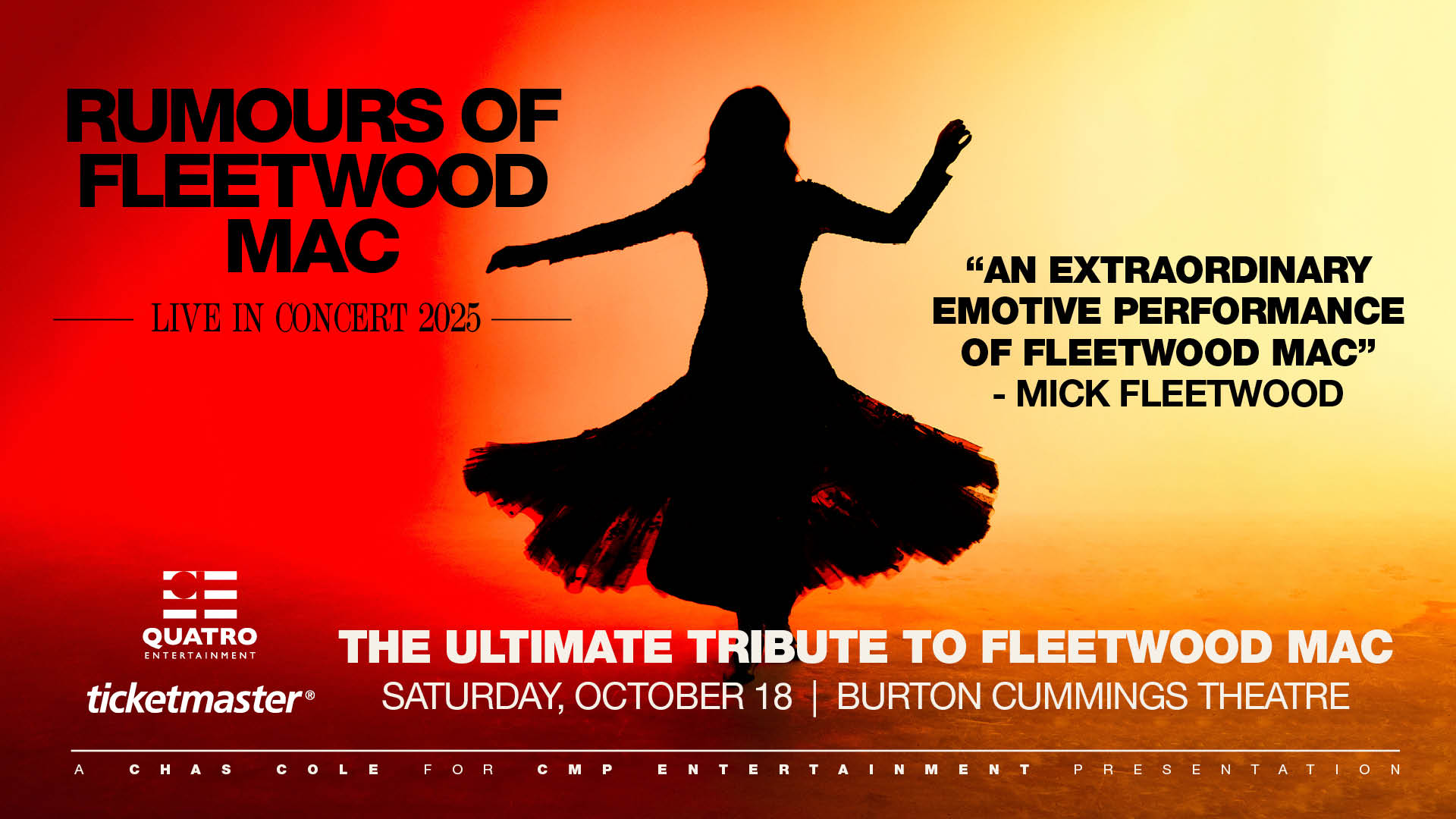 Rumours of Fleetwood Mac live in concert 2025 text on image with silhouette of lady dancing.