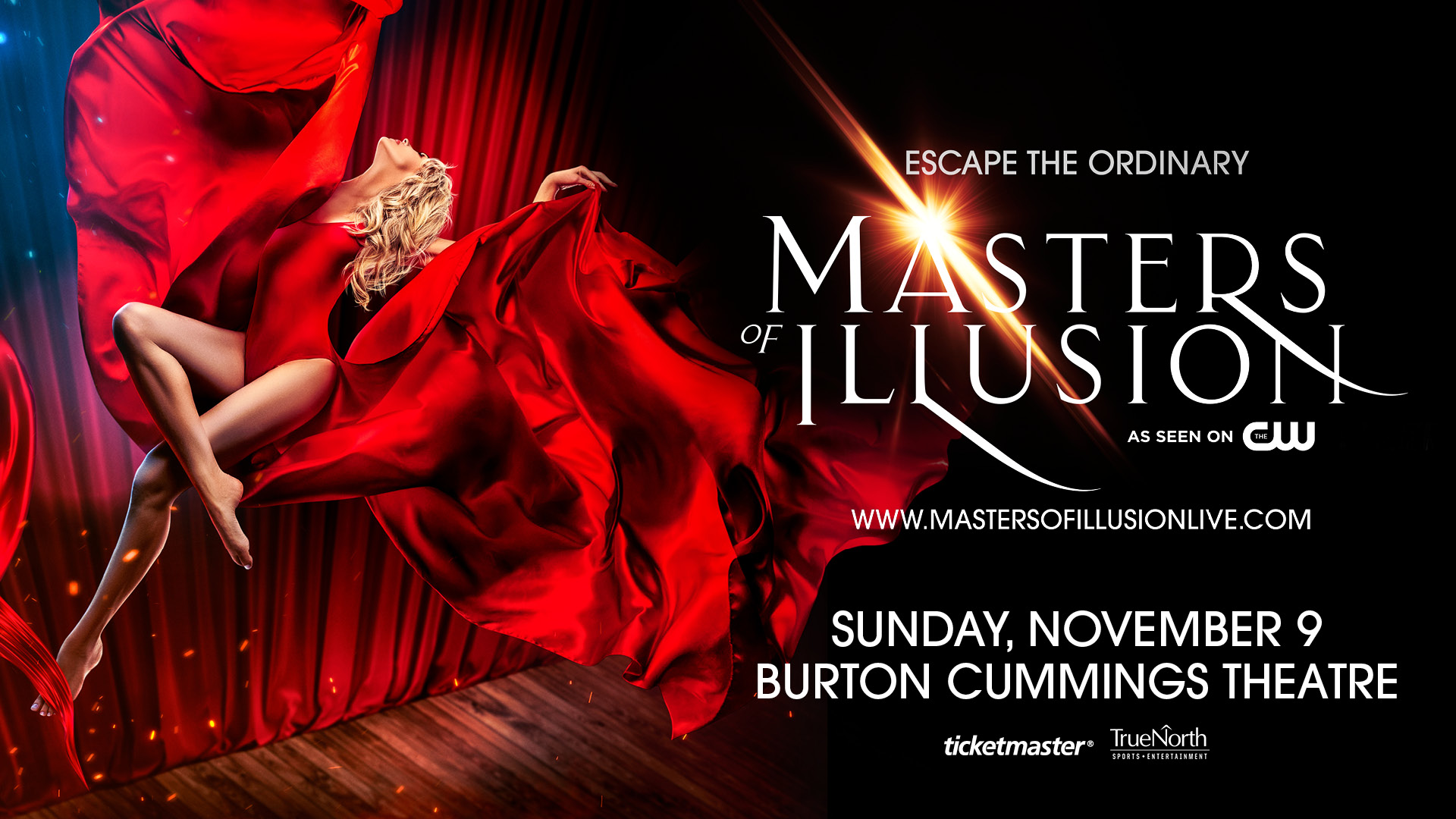 Poster for "Masters of Illusion" with a woman in a flowing red dress and event details for November 9 at Burton Cummings Theatre.