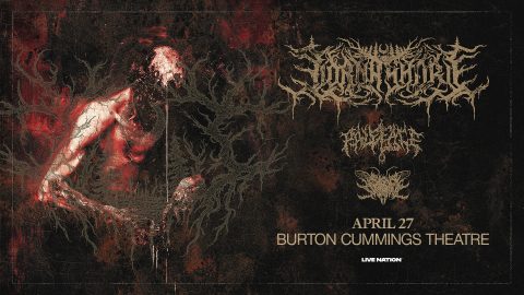 Promotional concert graphic for Lorna Shore with supporting acts. Dark red and black distressed artwork featuring a figure emerging from shadow. Text reads: Lorna Shore, April 27, Burton Cummings Theatre