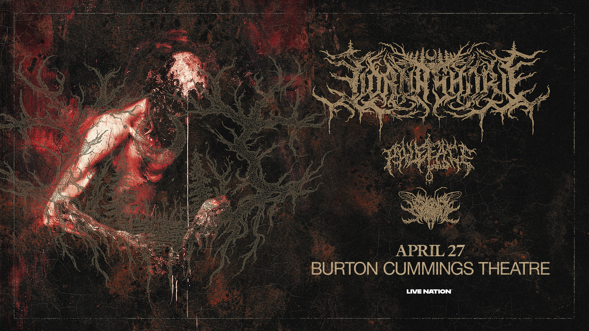 Promotional concert graphic for Lorna Shore with supporting acts. Dark red and black distressed artwork featuring a figure emerging from shadow. Text reads: Lorna Shore, April 27, Burton Cummings Theatre