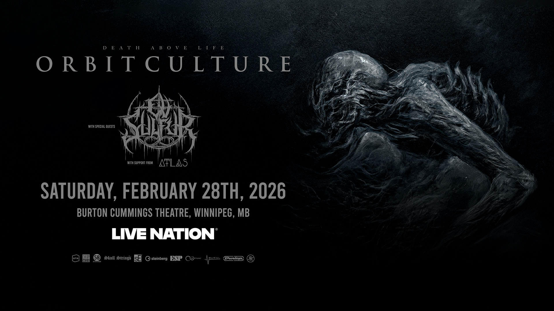 Promotional concert graphic for Orbit Culture’s ‘Death Above Life’ tour. The design features a dark, textured background with a ghostly skeletal figure on the right and text announcing the show on Saturday, February 28, 2026 at Burton Cummings Theatre in Winnipeg