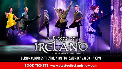 Poster for “A Taste of Ireland” featuring Irish dancers, a singer, and a guitarist performing against a swirling green and orange background.