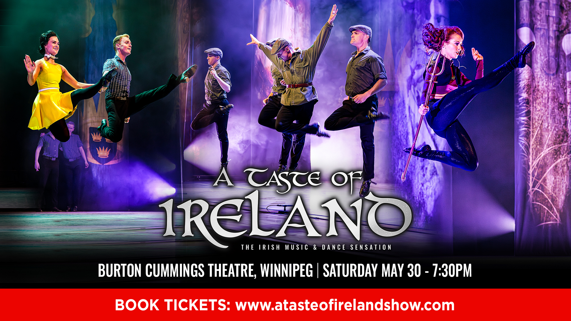 Poster for “A Taste of Ireland” featuring Irish dancers, a singer, and a guitarist performing against a swirling green and orange background.