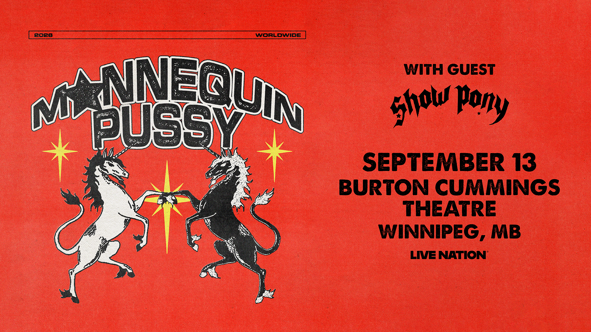 Red concert poster for Mannequin Pussy featuring two rearing horses, with text listing guest Show Pony and the date, September 13 at Burton Cummings Theatre in Winnipeg, MB.