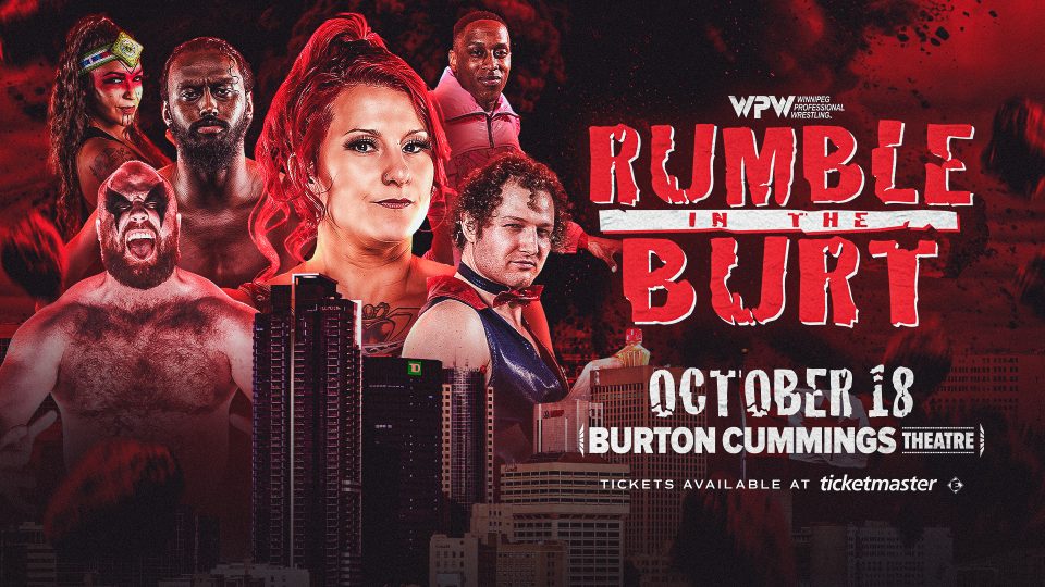 Winnipeg Pro Wrestling promotional poster for an event on October 18th at Burton Cummings Theatre featuring live wrestling action and event branding.