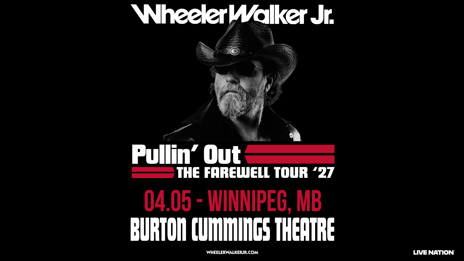 Wheeler Walker Jr. promotional graphic for the Pullin' Out Tour at the Burton Cummings Theatre on April 5, featuring the artist alongside event and ticket information.