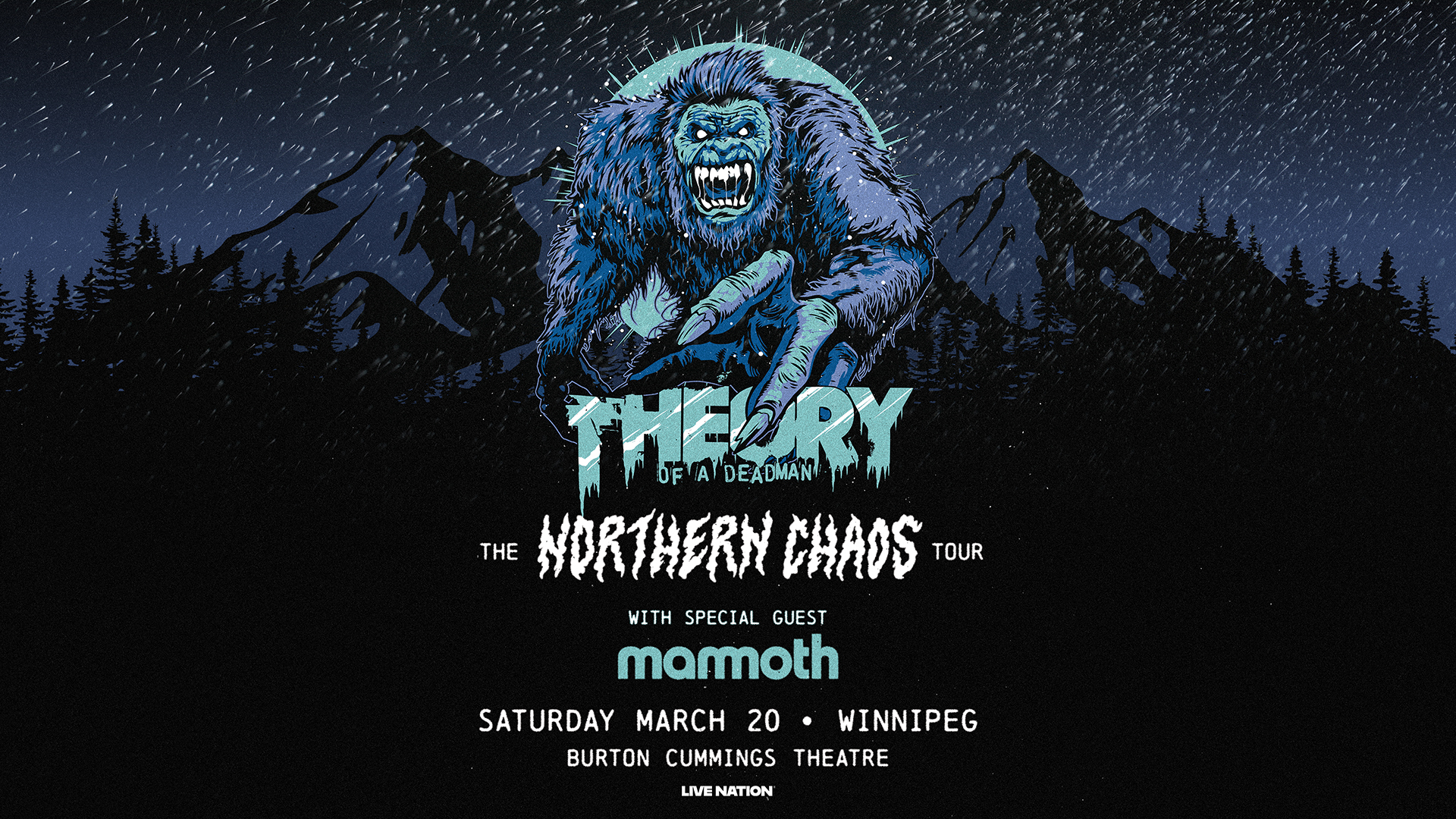 Theory of a Deadman and Mammoth concert promotional graphic with show date, venue and ticket information.