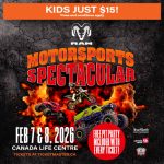 RAM Motorsports Spectacular text on top of monster trucks and flames.