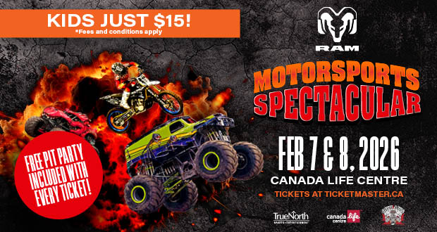 RAM Motorsports Spectacular text on top of monster trucks and flames.
