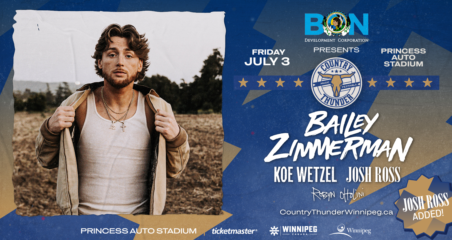 Country Thunder with Bailey Zimmerman, Koe Wetzel, and Josh Ross on July 3 at Princess Auto Stadium