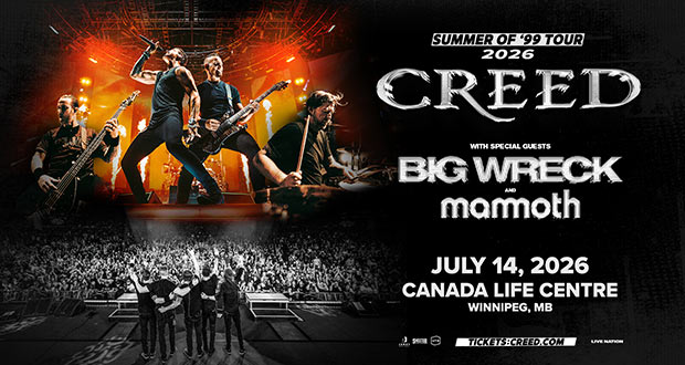 Creed “Summer of ’99 Tour 2026” concert poster with Big Wreck and Mammoth, July 14, 2026 at Canada Life Centre in Winnipeg.