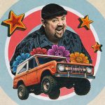 Illustrated portrait of a smiling Gabriel Iglesias wearing a cap, leaning over a lifted orange SUV surrounded by colorful flowers and star graphics.