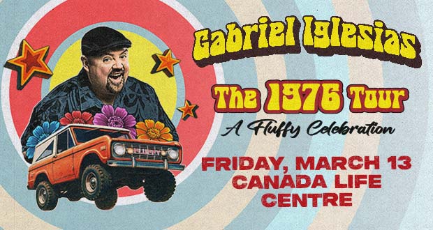 Promotional graphic for comedian Gabriel Iglesias’ “The 1976 Tour: A Fluffy Celebration,” Friday, March 13 at Canada Life Centre.