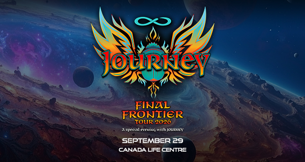 Promotional graphic for Journey announcing their upcoming tour. The legendary rock band has sold more than 100 million records worldwide and was inducted into the Rock and Roll Hall of Fame in 2017. Tickets go on sale Friday, May 15 at 10 AM.