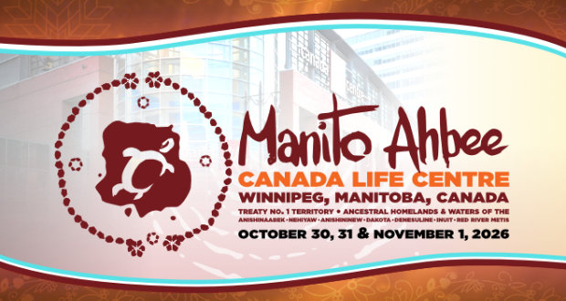 Banner for the Manito Ahbee event at Canada Life Centre in Winnipeg, featuring Indigenous-inspired artwork and event dates: October 30–November 1, 2026.