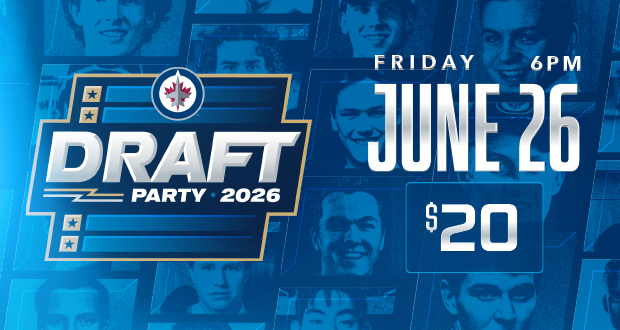 Winnipeg Jets Draft Party promotional poster featuring the Winnipeg Jets logo and event details, advertising a fan gathering to watch the NHL Draft with live coverage, music, and entertainment.